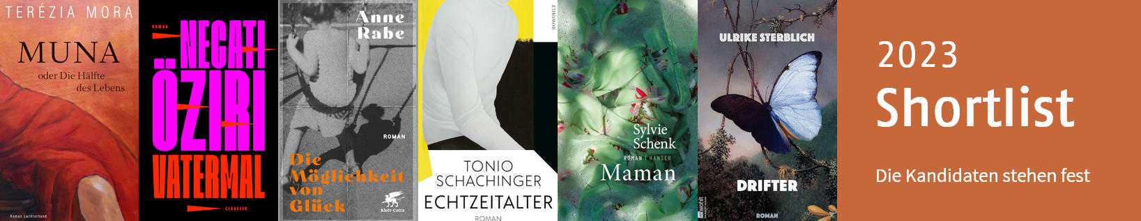 Buchcover der sechs nominierten Bücher auf der Shortlist - Deutscher Buchpreis 2023