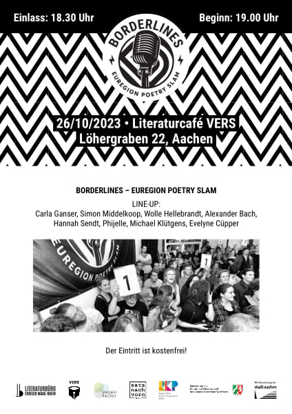 Deckblatt des Flyers: Die deutschsprachige Vorrunde beim „Borderlines – Euregion Poetry Slam“ am 26.10.2023 im „Vers – Literaturcafé“.