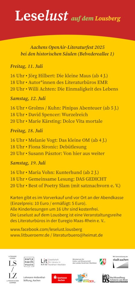 Die Rückseite des Leselust-Flyers 2025 zeigt eine Übersicht der zwölf Programmpunkte.