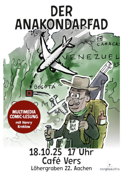 Ausschnitt aus dem Comic „Der Anakondapfad“ mit der Figur des Abenteurers Henry in voller Wander-Ausrüstung vor einer Landkarte des Amazonas. Bild: © nonplusultra.