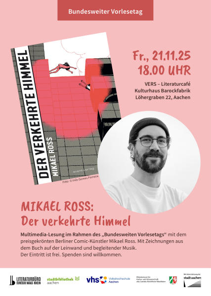Flyer (PDF) zum Vorlesetag mit Mikael Ross am 21.11.2025 im VERS – Literaturcafé.