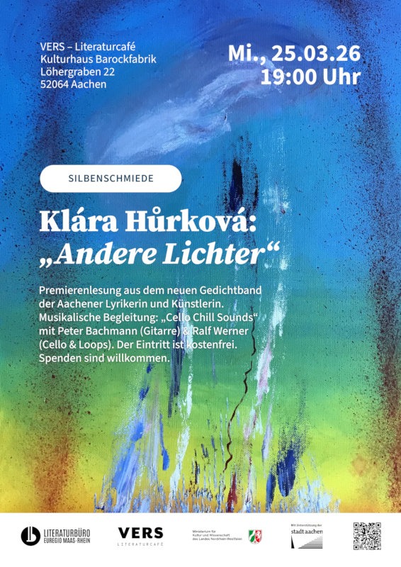 Plakat zur Premierenlesung am 25.03.2026 mit einem Gemälde von Klára Hůrková im Hintergrund.