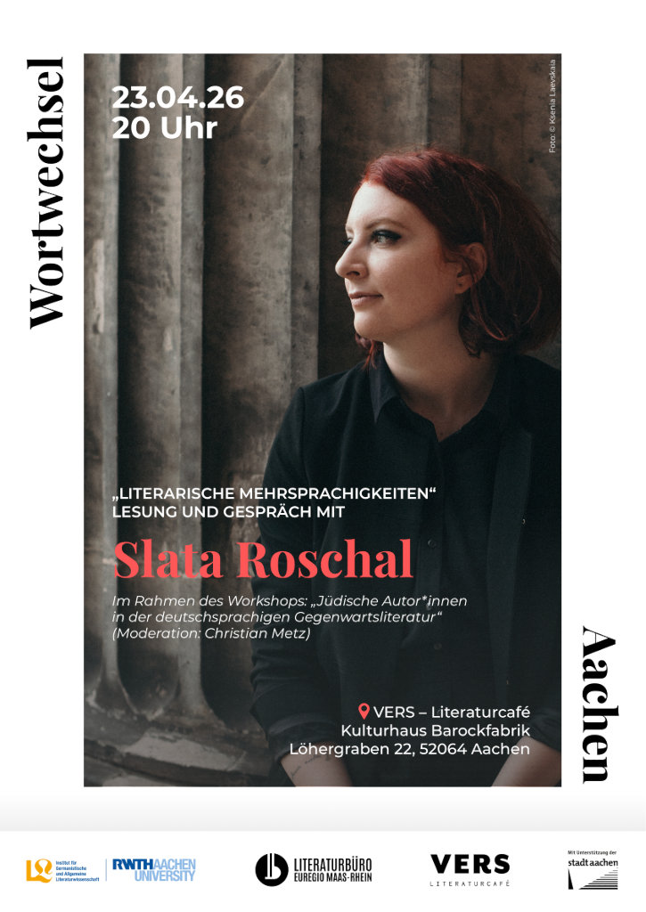 Plakat zur Lesung mit Slata Roschal am 23.04.26.