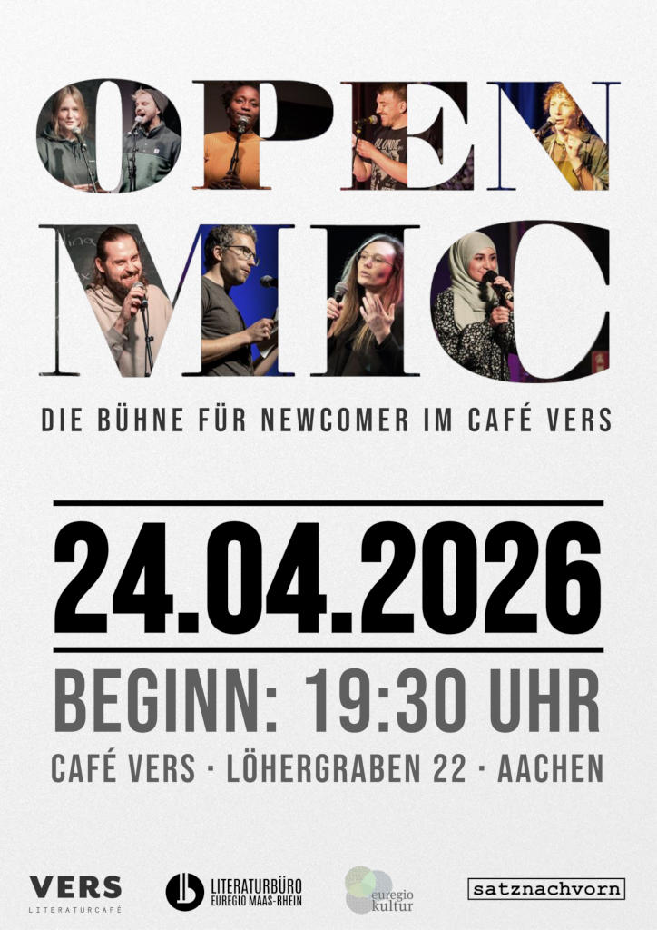 Plakat zum Open Mic am 24.04.2026 – der Bühne für Newcomer im VERS – Literaturcafé.
