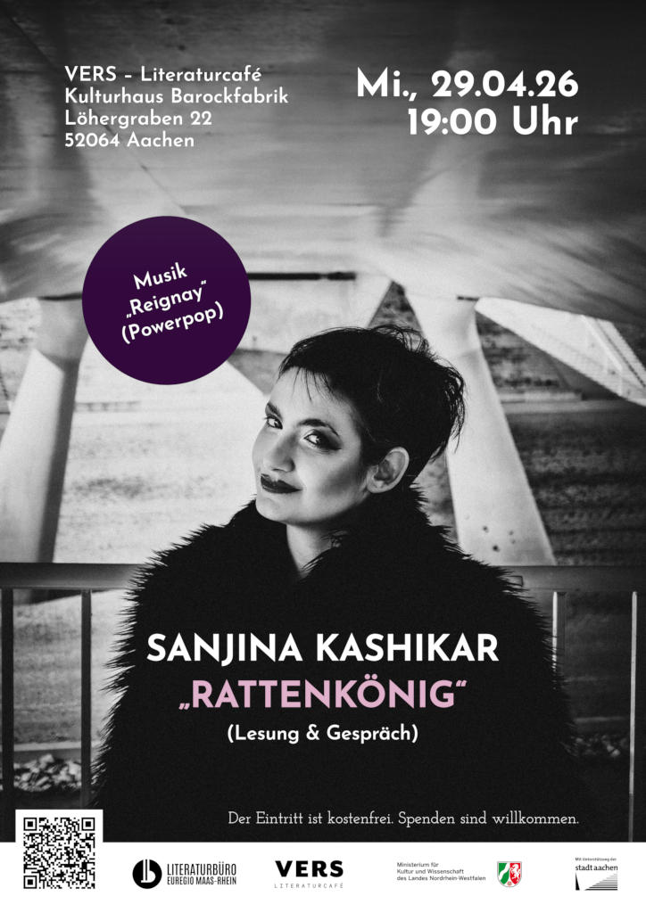 Plakat zur Lesung mit der Aachener Autorin Sanjina Kashikar am 29.04.2026.