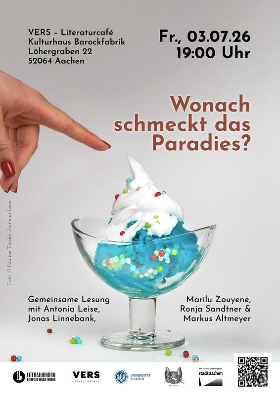 Plakat zur Lesung „Wonach schmeckt das Paradies?“ am 03.07.2026.