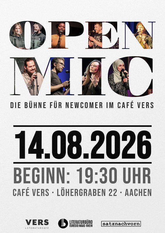 Plakat zum Open Mic am 14.08.2026 – unserer Bühne für Newcomer im VERS – Literaturcafé.