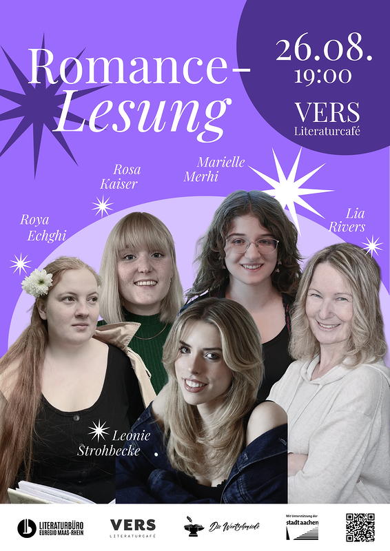 Plakat mit den Fotos der fünf Autorinnen der Romance-Lesung am 26.08.2026. Grafik: © Antonia Leise