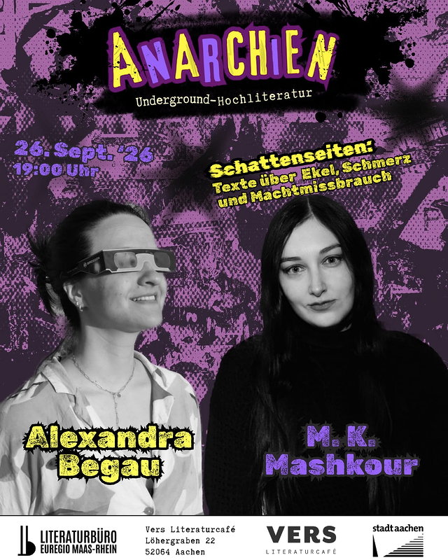 Plakat zur AnArCHiEN-Lesung mit Alexandra Begau und Mirjam Kay Mashkour am 26.09.2026. Design: Mirjam Kay Mashkour